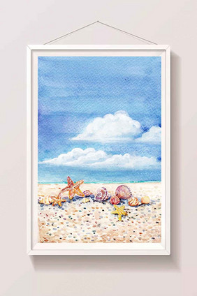 手绘自然风景沙滩蓝天白云场景插画