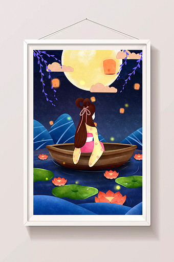 中秋节传统节日古装女孩小船赏月插画图片
