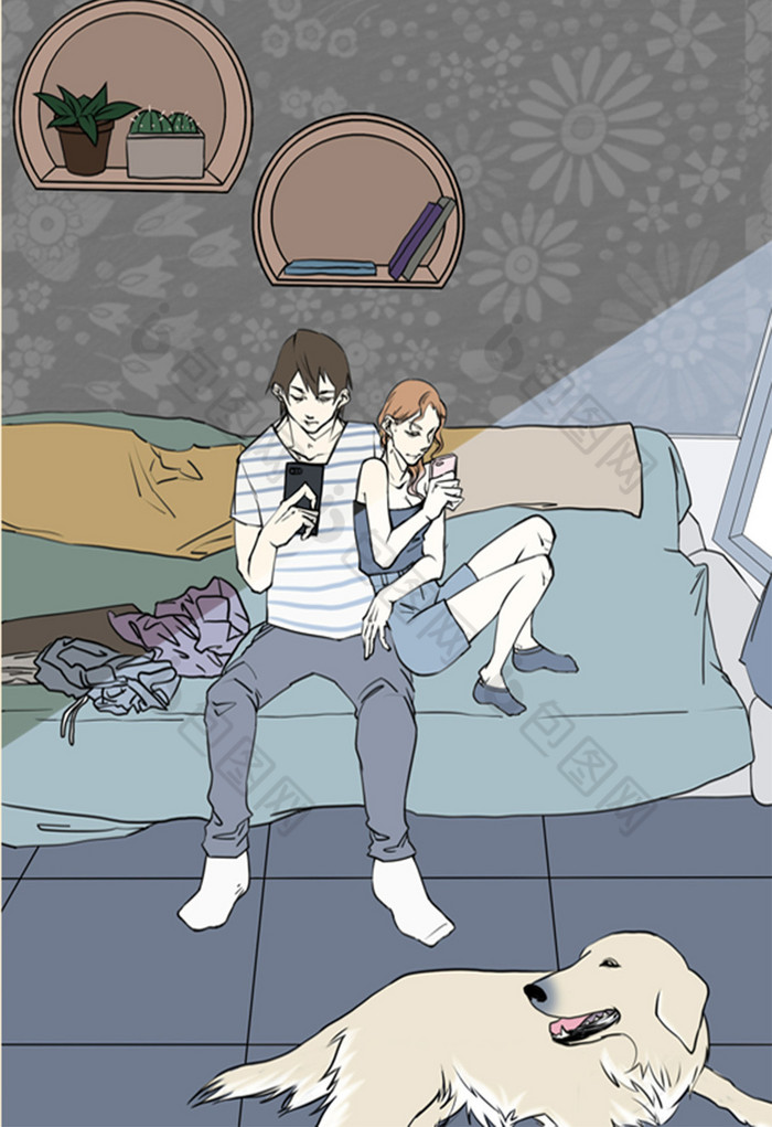 情侣窝在沙发一起过七夕情人节插画图片