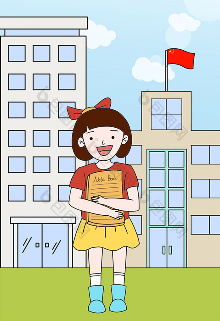 简约卡通漫画开学季女孩报道教学楼儿童插画