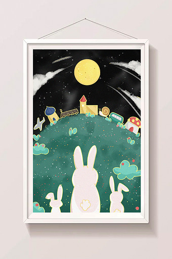 中秋节之赏月的兔子与回家的路可爱卡通插画图片