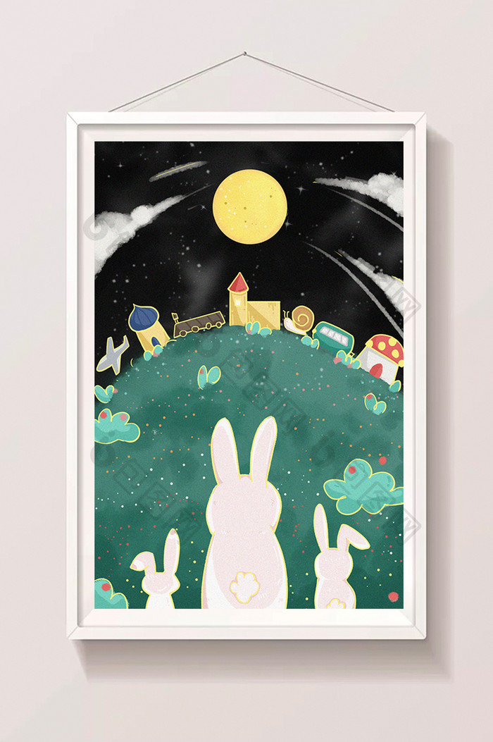 中秋节之赏月的兔子与回家的路可爱卡通插画