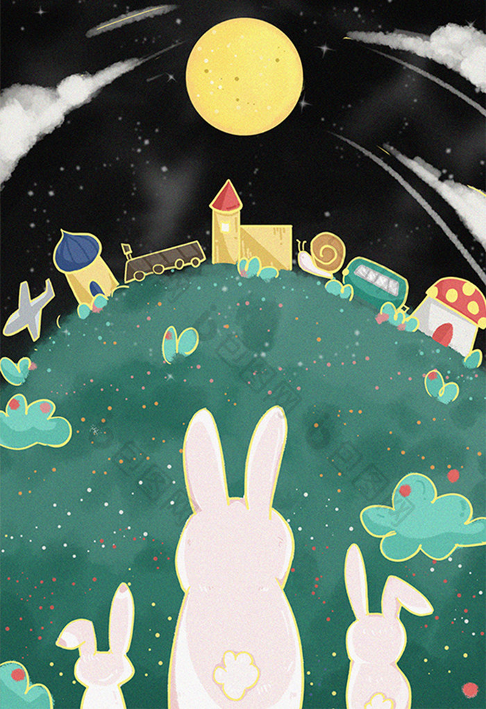 中秋节之赏月的兔子与回家的路可爱卡通插画