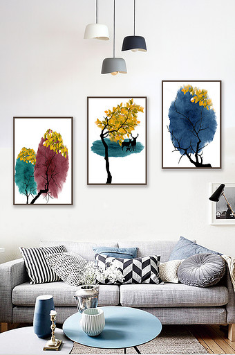 现代简约彩色水墨树客厅装饰画图片