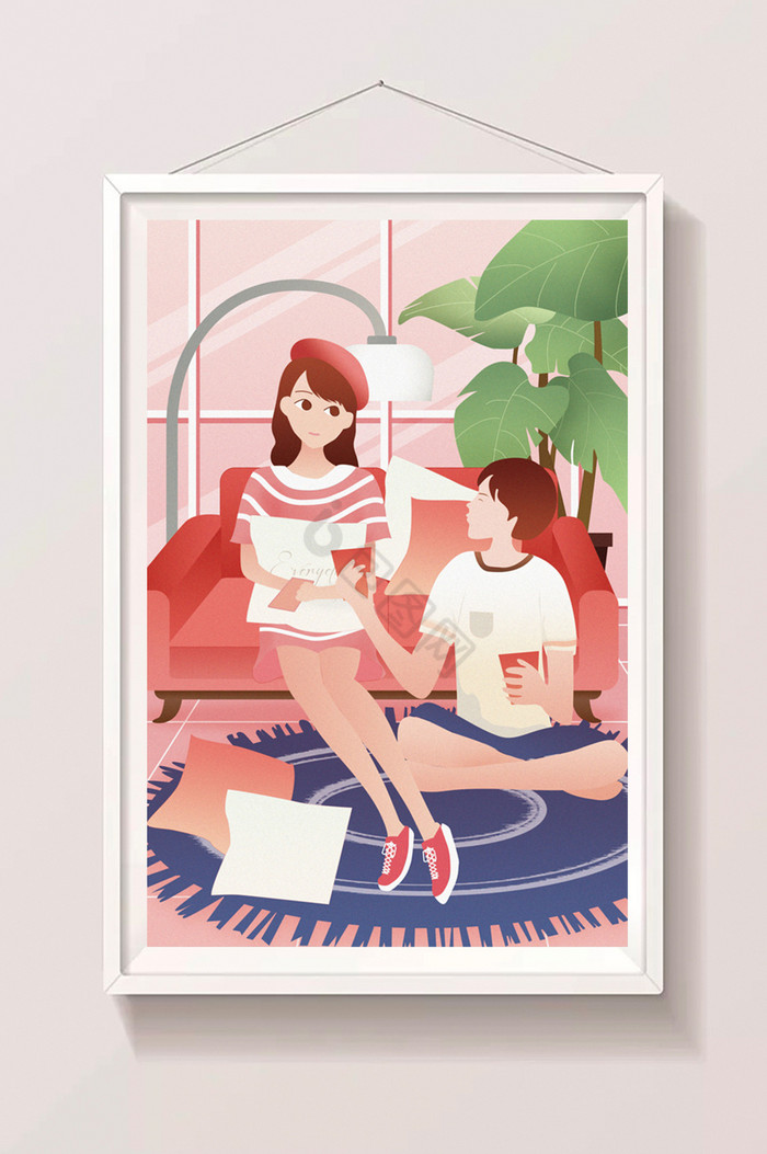 情侣在家里过温馨的七夕情人节插画图片