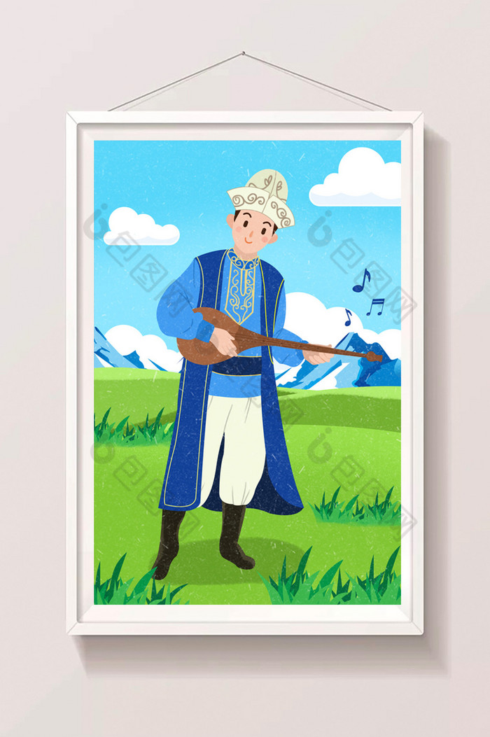 哈萨克少数民族弹冬不拉插画