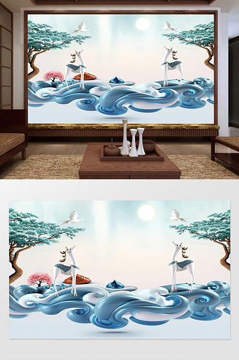 中式3D马儿月光飞鸟电视背景墙图片