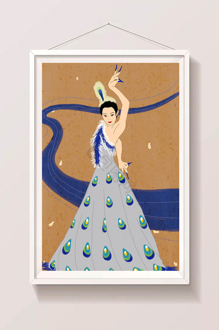 中国文化民族特色傣族孔雀舞灰裙插画图片