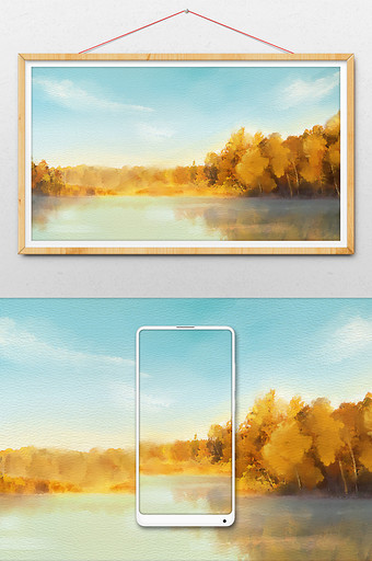 水彩手绘背景秋季风景湖面图片