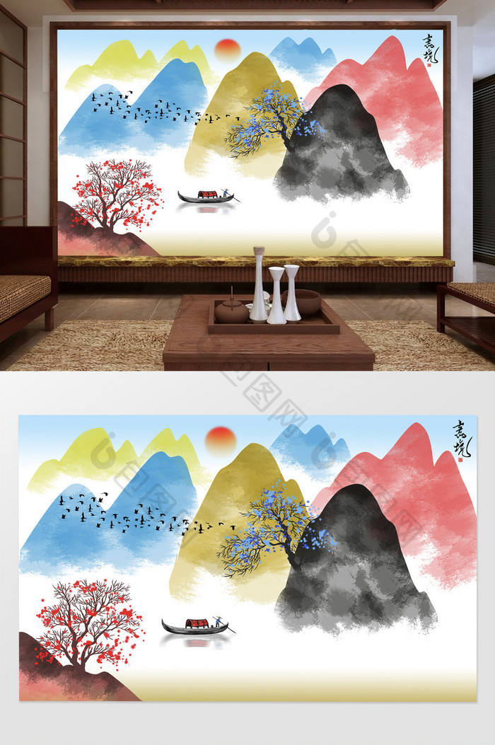 新古典中式彩色山水背景装饰壁画