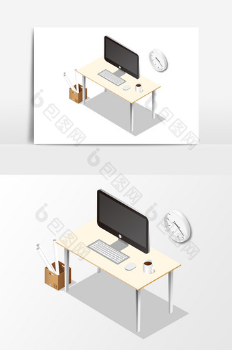 手绘商务办公电脑课桌插画素材图片