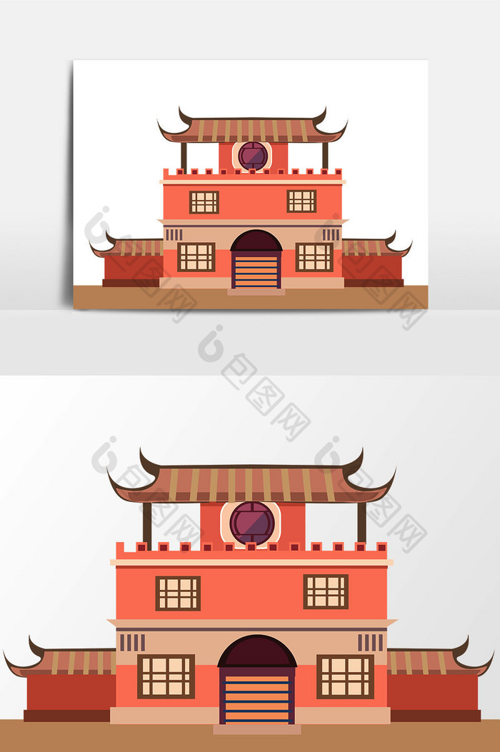 手绘中国风古建筑插画素材
