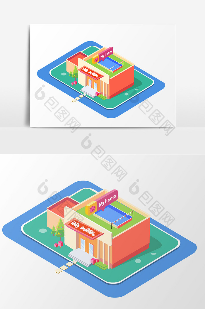 手绘微立体扁平化楼房插画素材