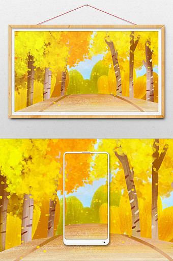 金黄色秋天道路两边的枫树手绘插画背景图片