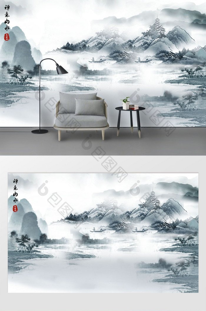 新古典中式禅意山水背景装饰壁画