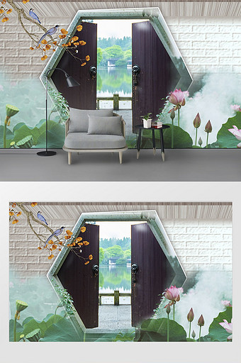 中式拱门灰墙花鸟绿叶油画背景墙装饰定制图片