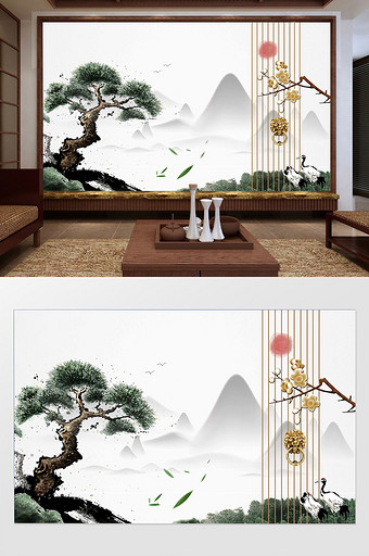 新中式水墨榕树仙鹤远山背景墙装饰定制图片