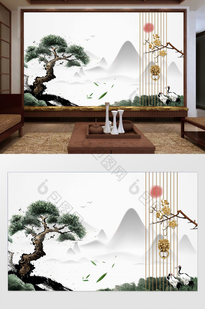 新中式水墨榕树仙鹤远山背景墙装饰定制