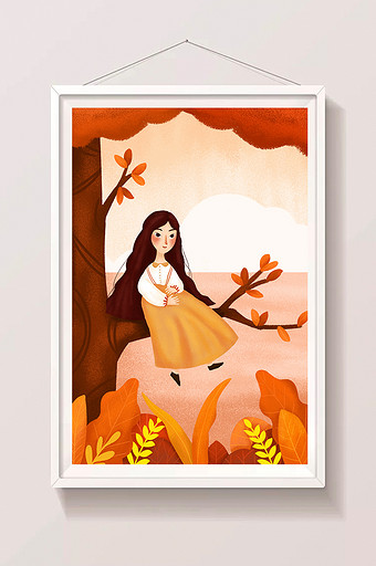 秋天的女孩坐在树上看风景插画图片