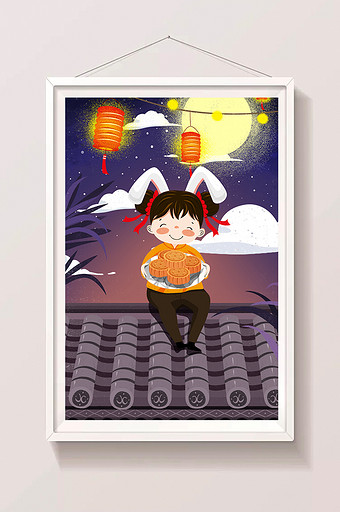 唯美传统节日中秋插画屋顶上端着月饼女孩插图片
