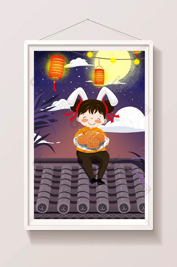 唯美传统节日中秋插画屋顶上端着月饼女孩插