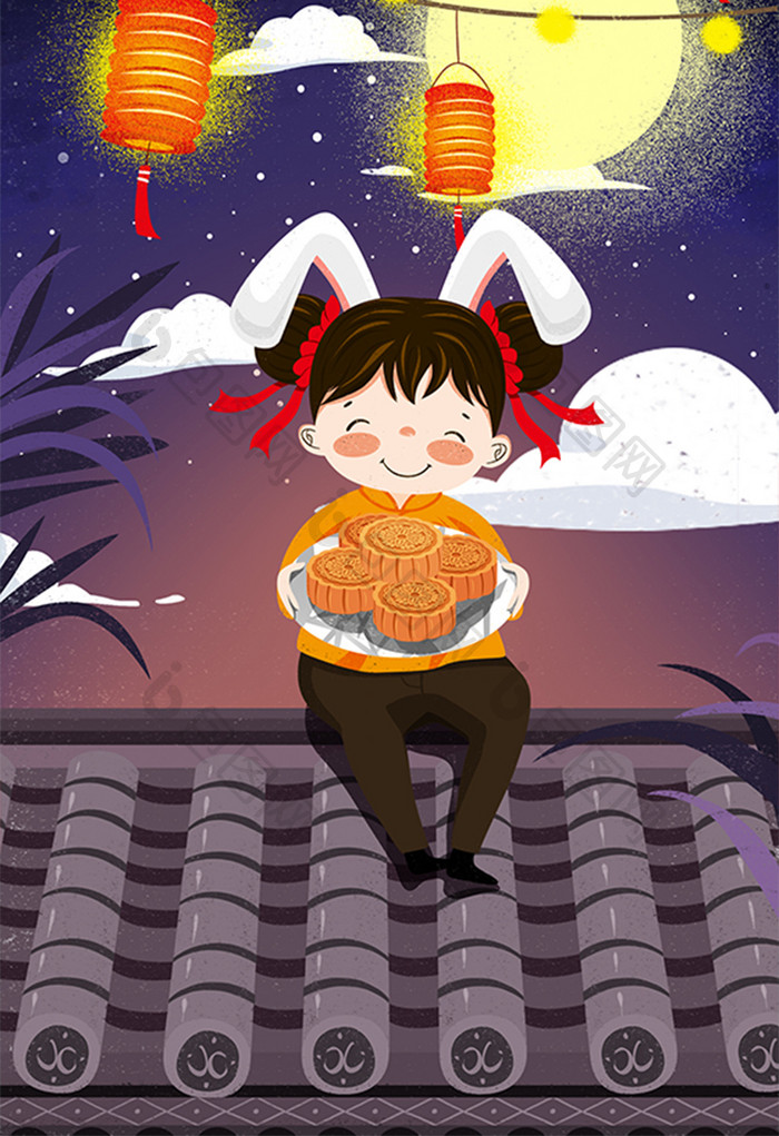 唯美传统节日中秋插画屋顶上端着月饼女孩插
