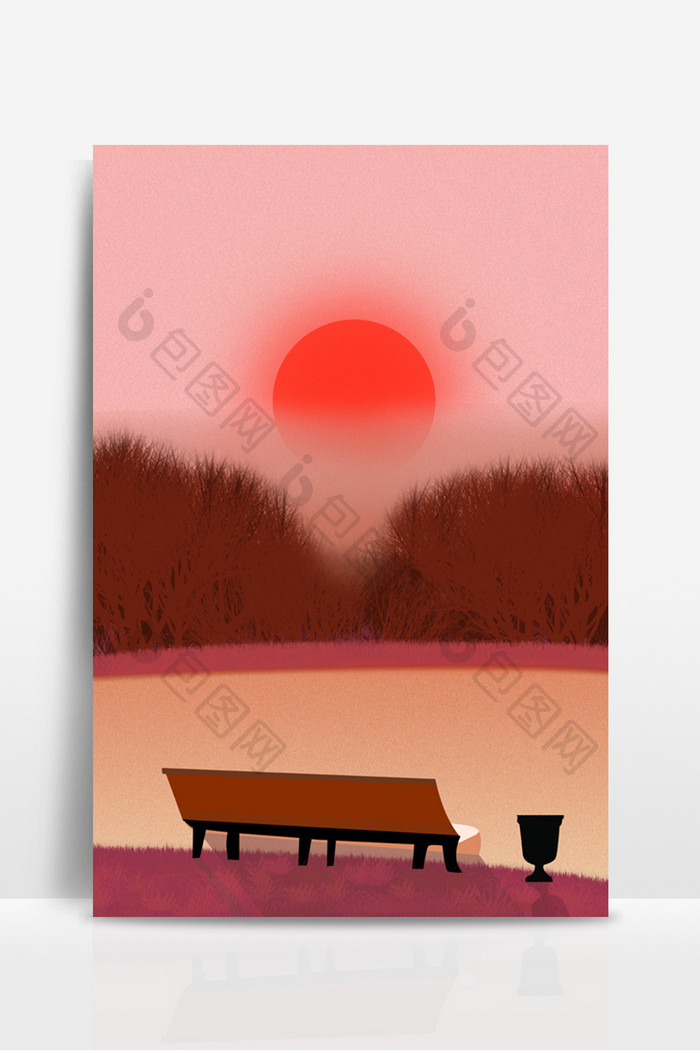 节日风景卡通手绘夕阳长椅海报展板背景
