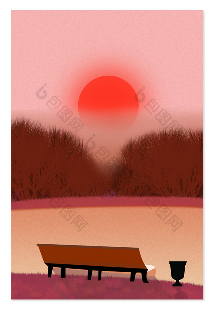 节日风景卡通手绘夕阳长椅海报展板背景