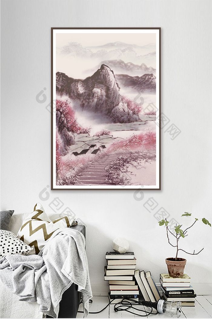 水墨淡彩中国风村庄风景书房酒店装饰画