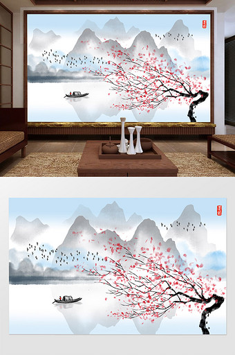 中式手绘意境山水画客厅背景壁画图片