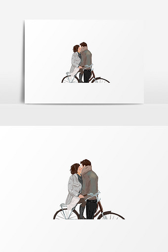男女自行车接吻插画元素图片