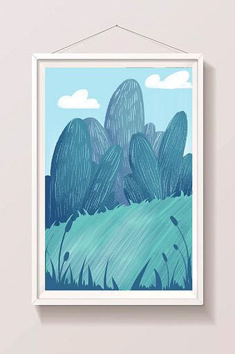 蓝色扁平风格冷色草坪背景插画图片