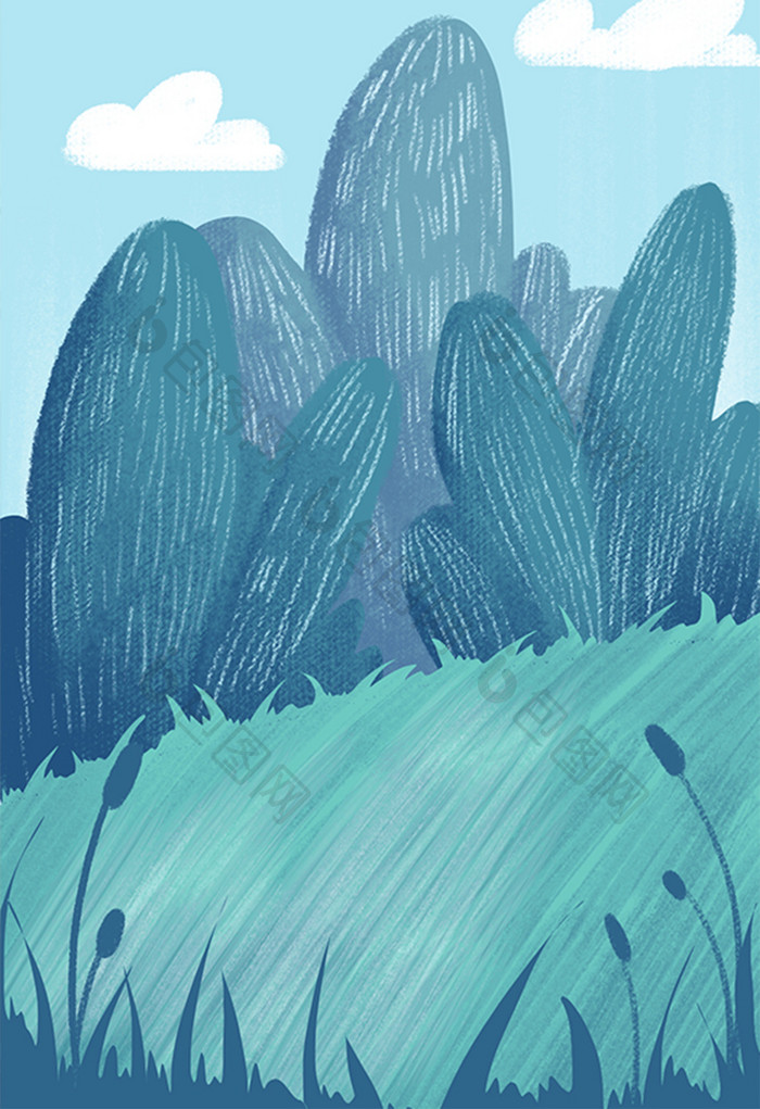 蓝色扁平风格冷色草坪背景插画