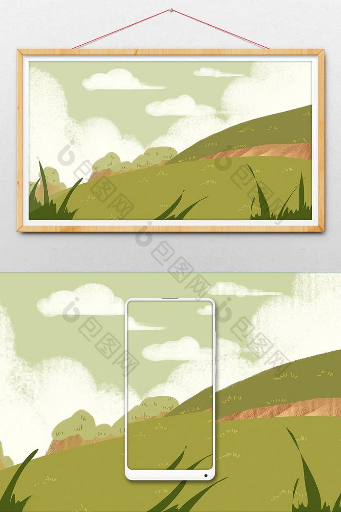 绿色扁平风格 山坡草地背景插画