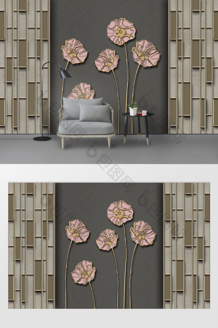 现代简约金属线条花朵铁艺布纹电视背景墙
