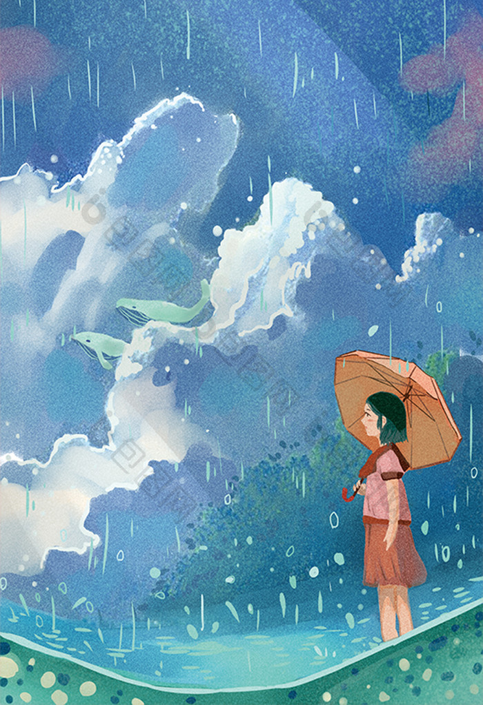 清新夏日下雨天撑伞少女插画