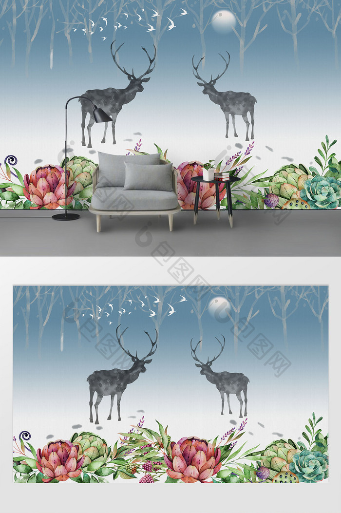 北欧手绘抽象麋鹿森林背景墙壁画