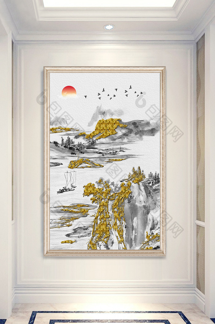 新中式金色山水飞鸟风景玄关装饰画