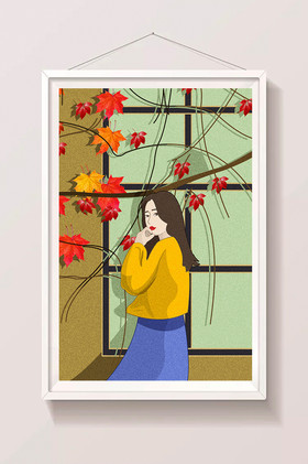 金色秋天站在窗前的女孩插画