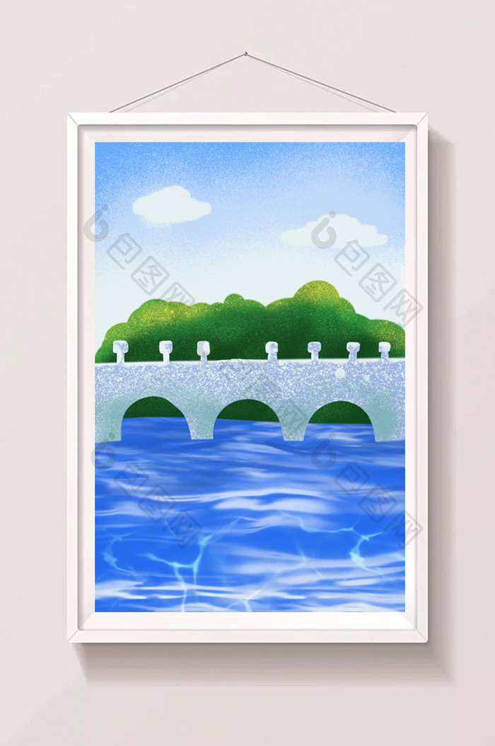 小清新唯美湖水上的桥梁青山蓝天白云背景