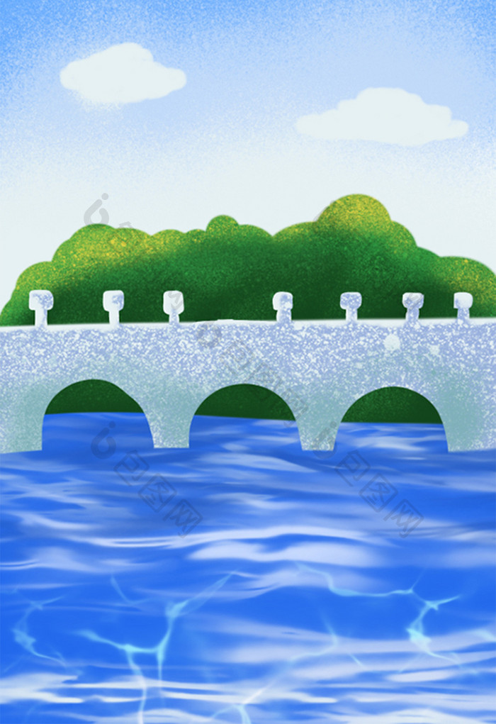 小清新唯美湖水上的桥梁青山蓝天白云背景