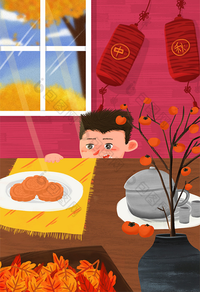 卡通中秋中国传统节日吃月饼中国风插画