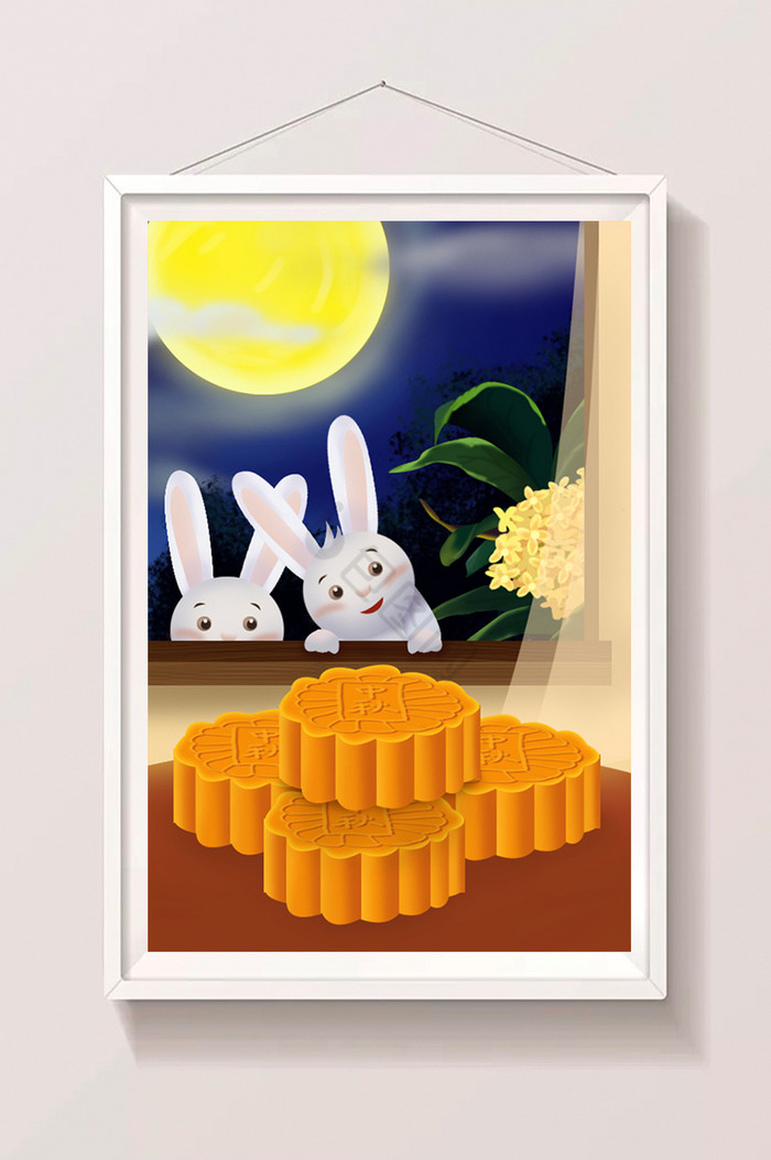 玉兔偷月饼中秋插画图片