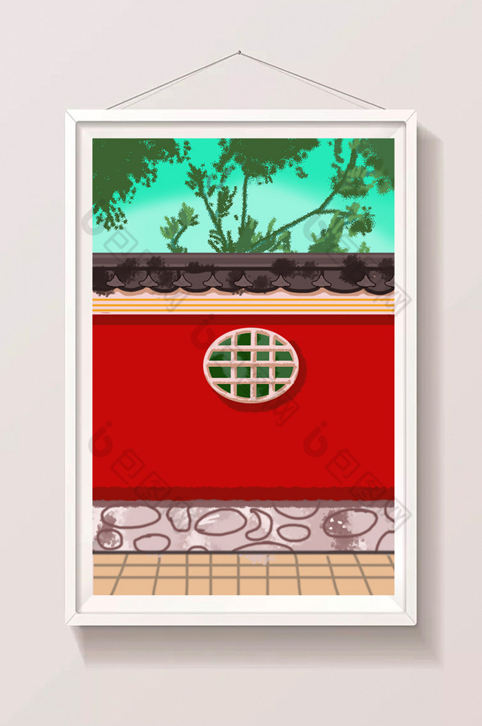 朱红中国古建筑围墙插画背景