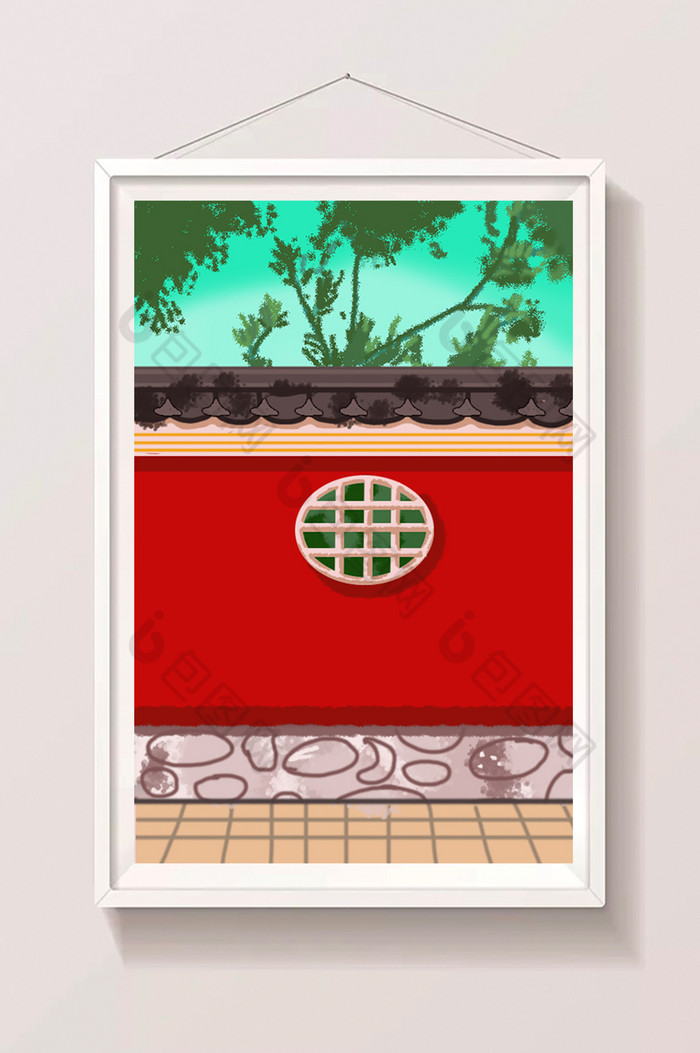 朱红中国古建筑围墙插画图片图片