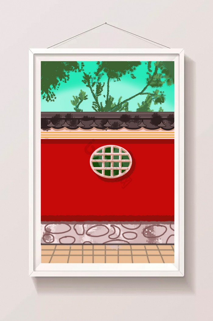 朱红中国古建筑围墙插画图片