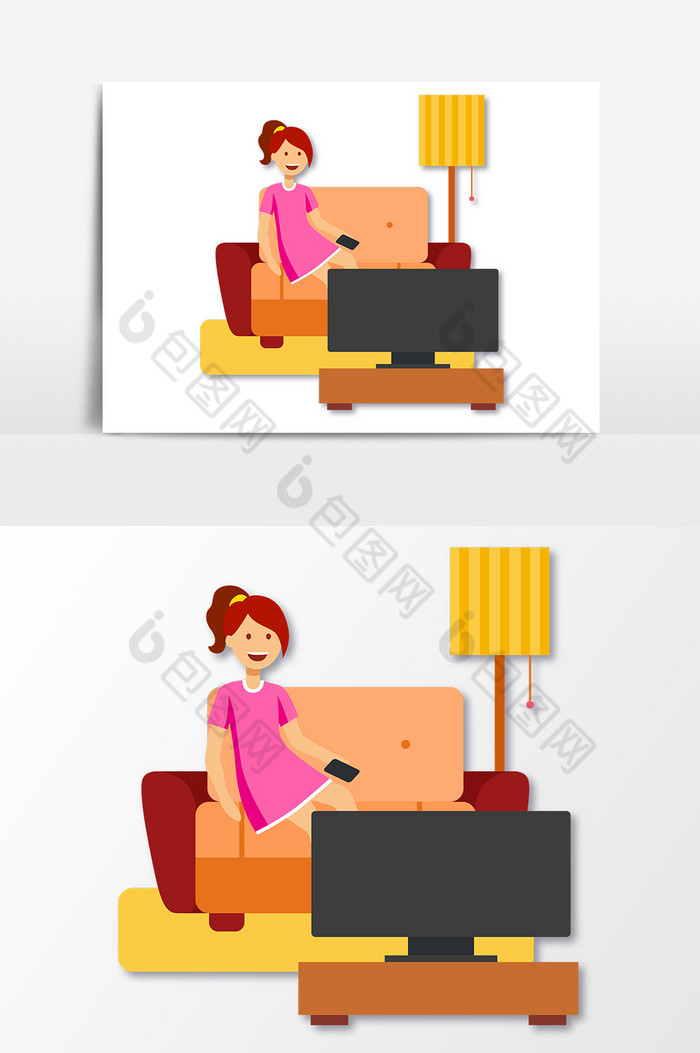 手绘美女看电视插画矢量素材图片