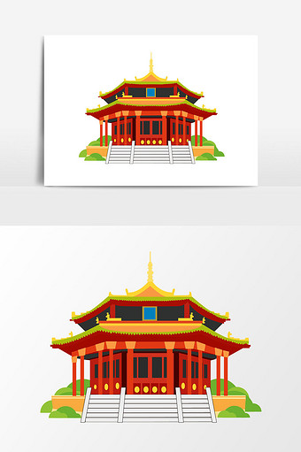 手绘中国传统古建筑插画矢量元素图片下载