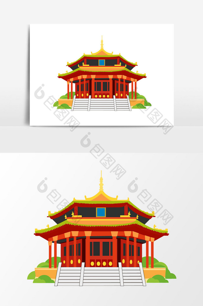 手绘中国传统古建筑插画矢量元素