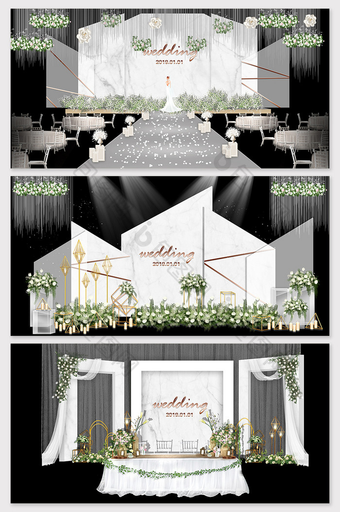 现代简约森系白色大理石纹理婚礼背景效果图